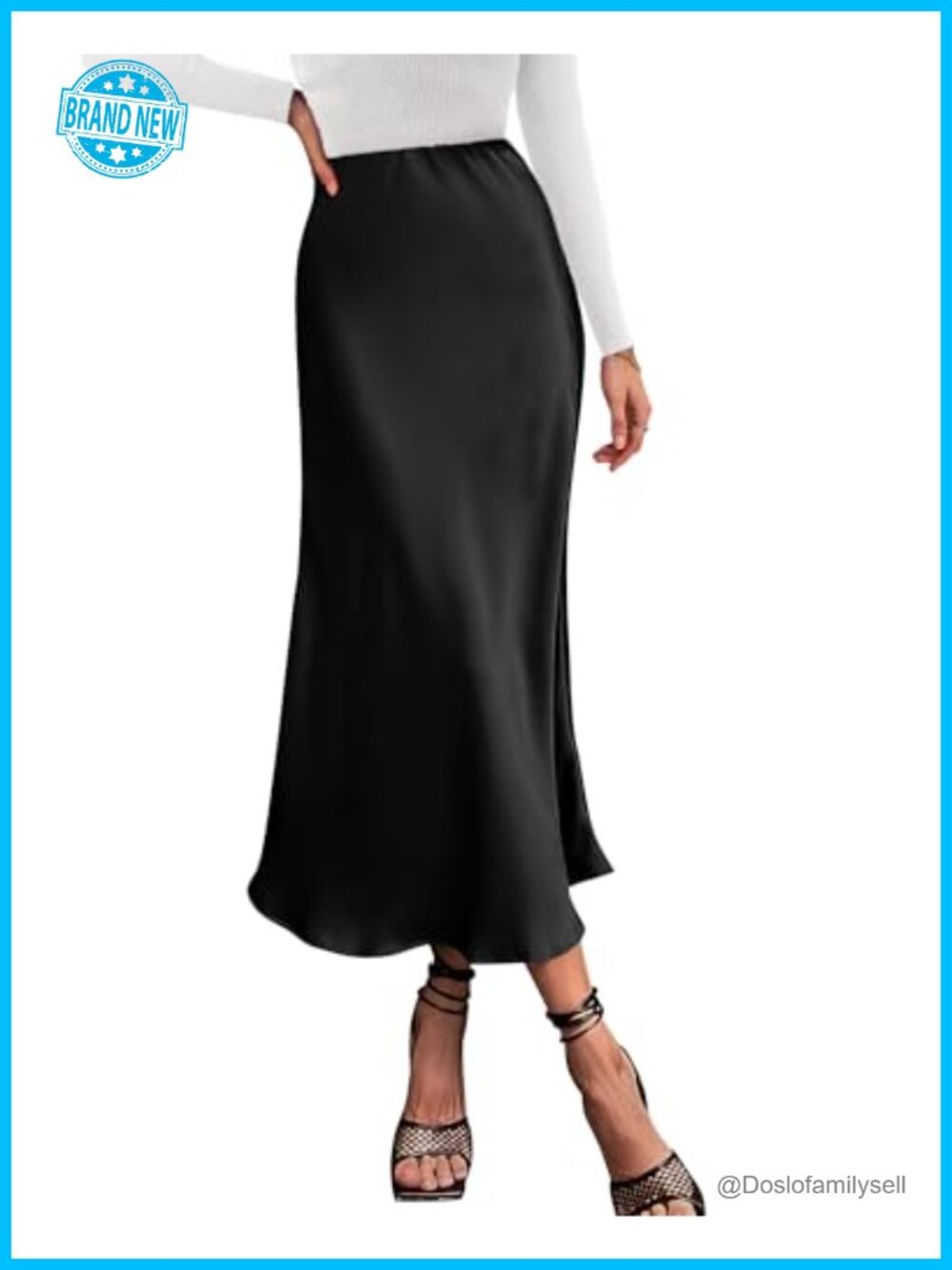 Women's Satin Midi Skirt High Waisted A-Line Ruffle Hem Elastic Waist